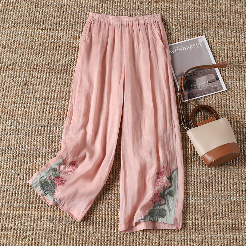 【100% Cotone】 Pantaloni Casual con Fiori Ricamati