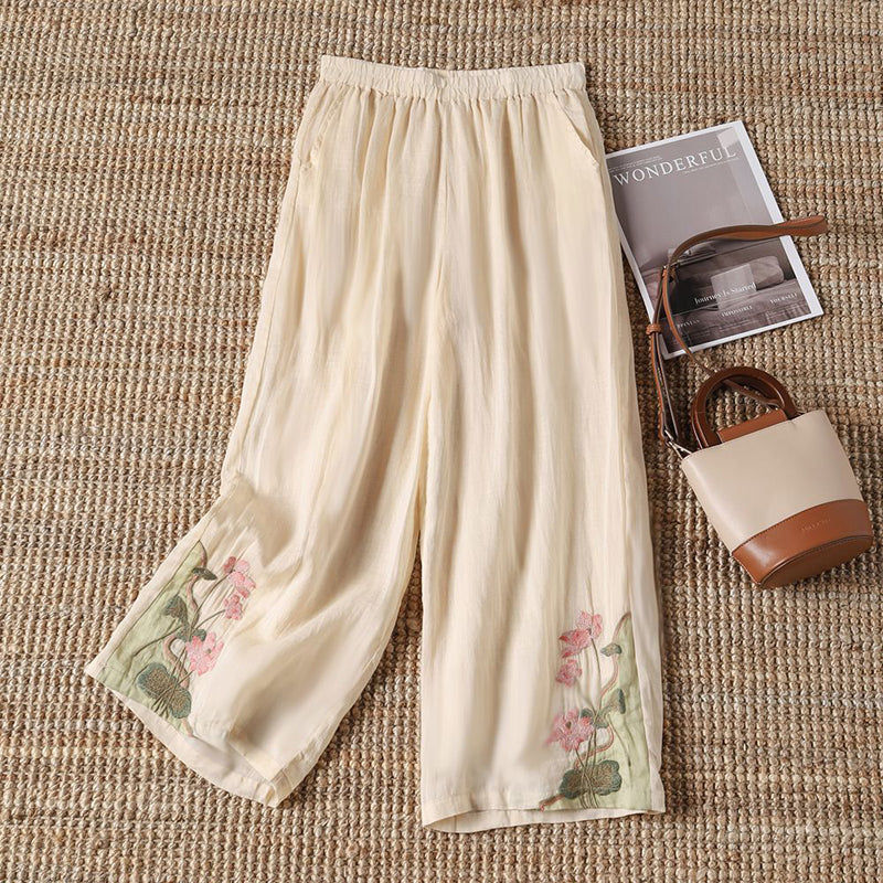【100% Cotone】 Pantaloni Casual con Fiori Ricamati