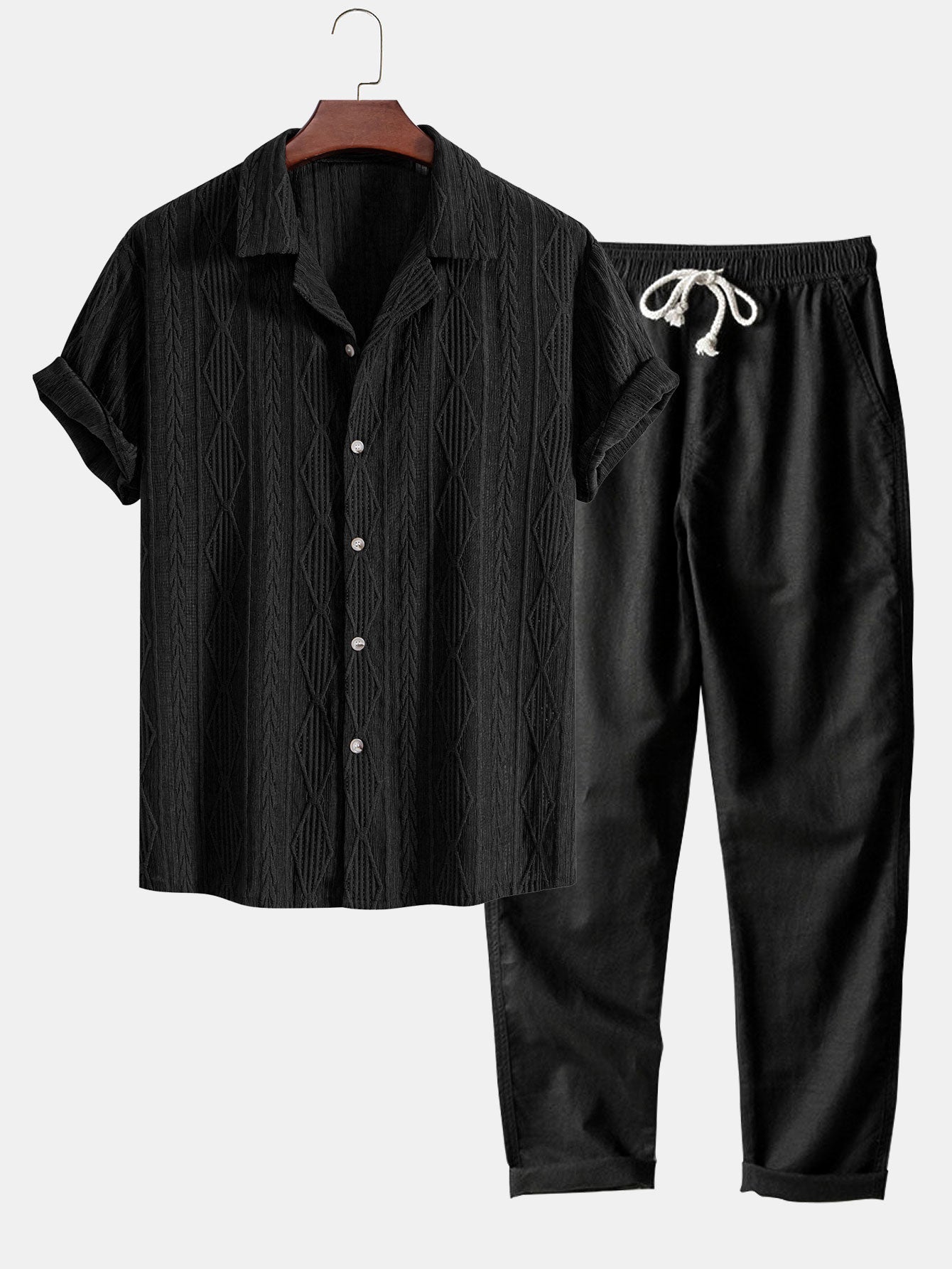 Camicetta Geometrica Jacquard Cubana & Pantaloni in Lino a Gamba Dritta