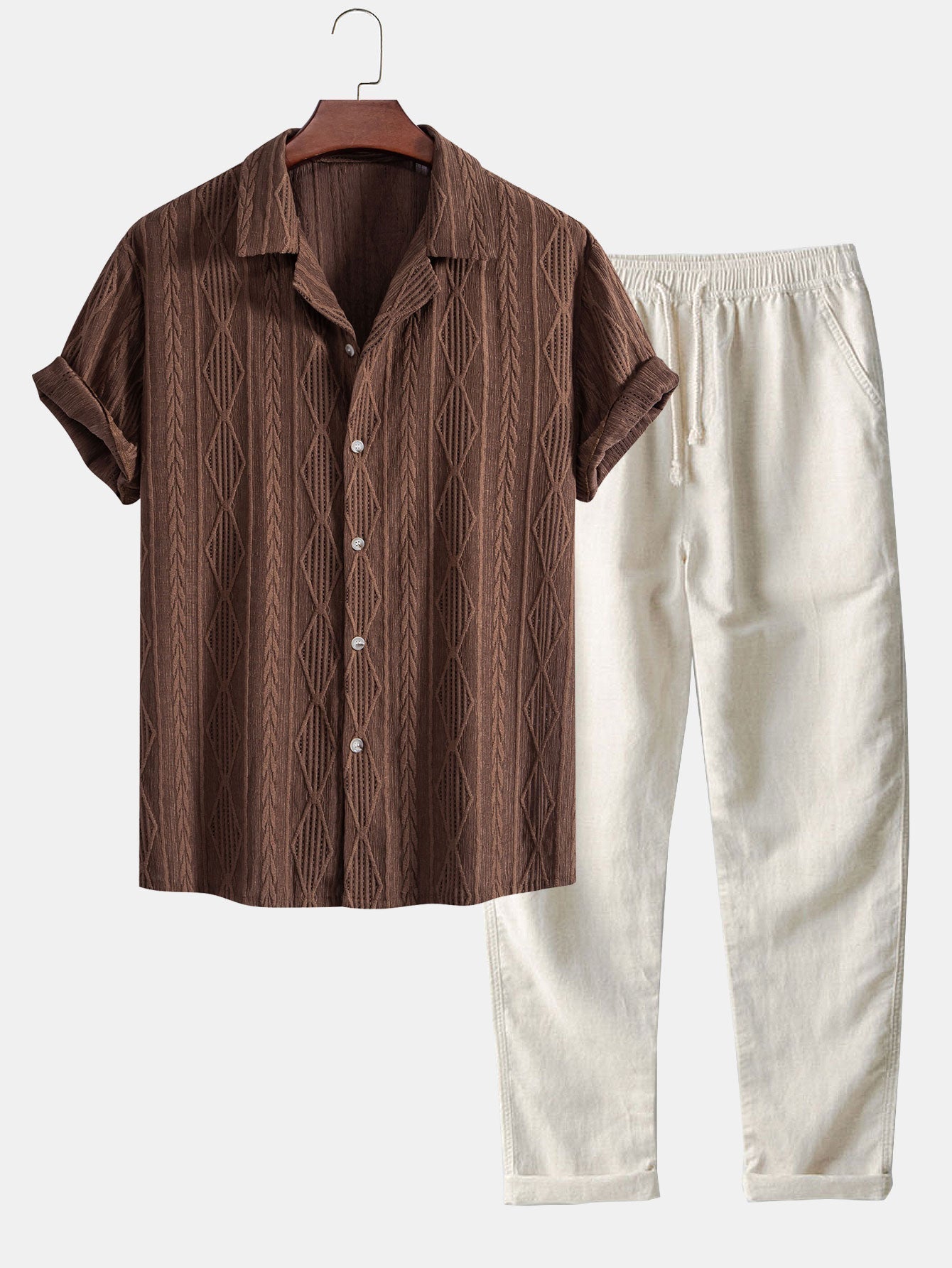 Camicetta Geometrica Jacquard Cubana & Pantaloni in Lino a Gamba Dritta