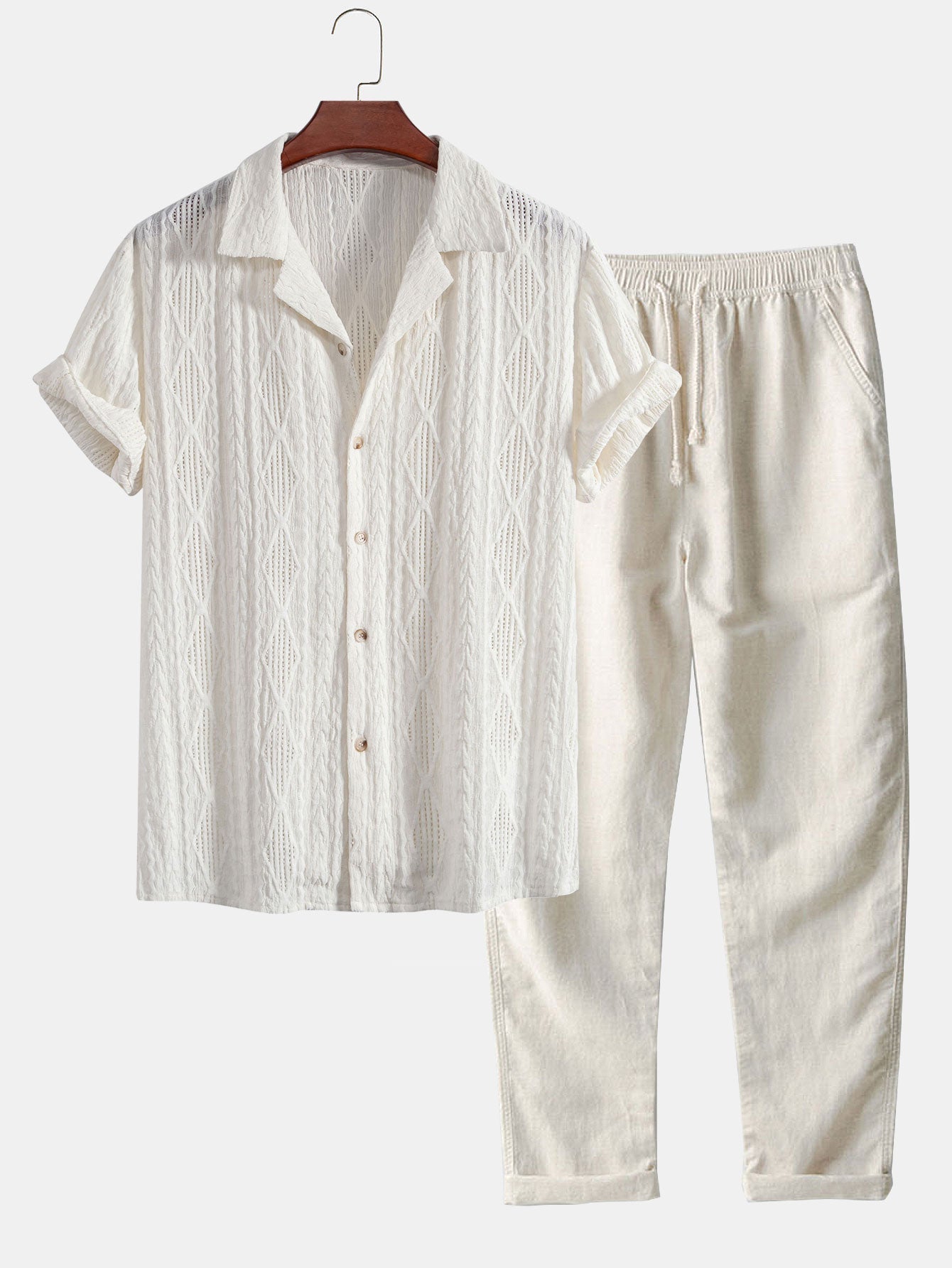 Camicetta Geometrica Jacquard Cubana & Pantaloni in Lino a Gamba Dritta