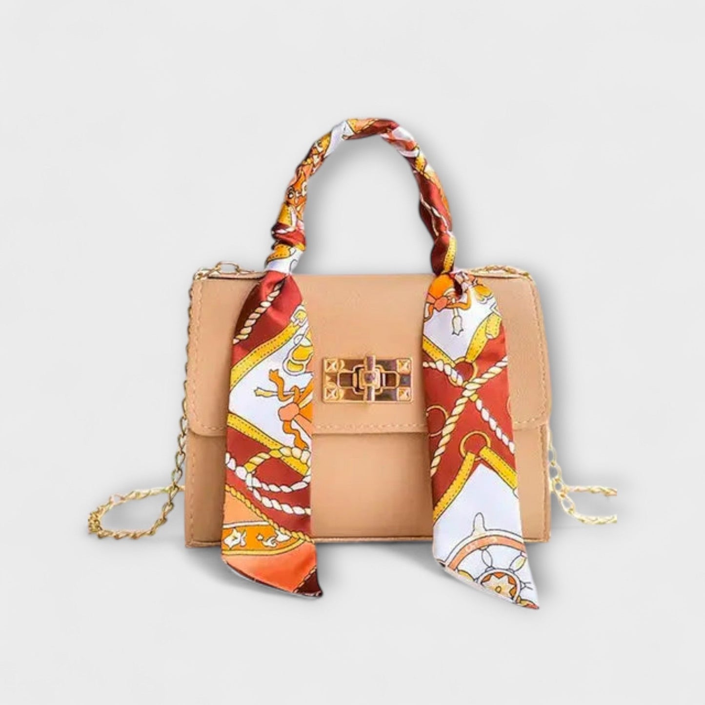 Borsa Aurellia - Pelle Marrone, Chiusura Oro, Manico con Sciarpa, Elegante e Versatile