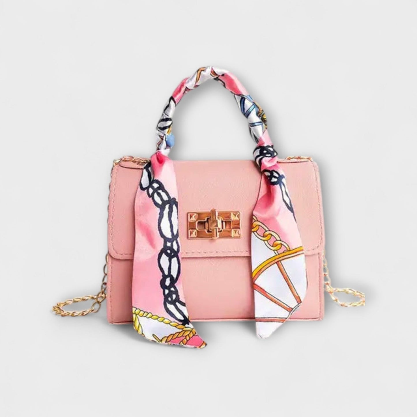 Borsa Aurellia - Pelle Marrone, Chiusura Oro, Manico con Sciarpa, Elegante e Versatile