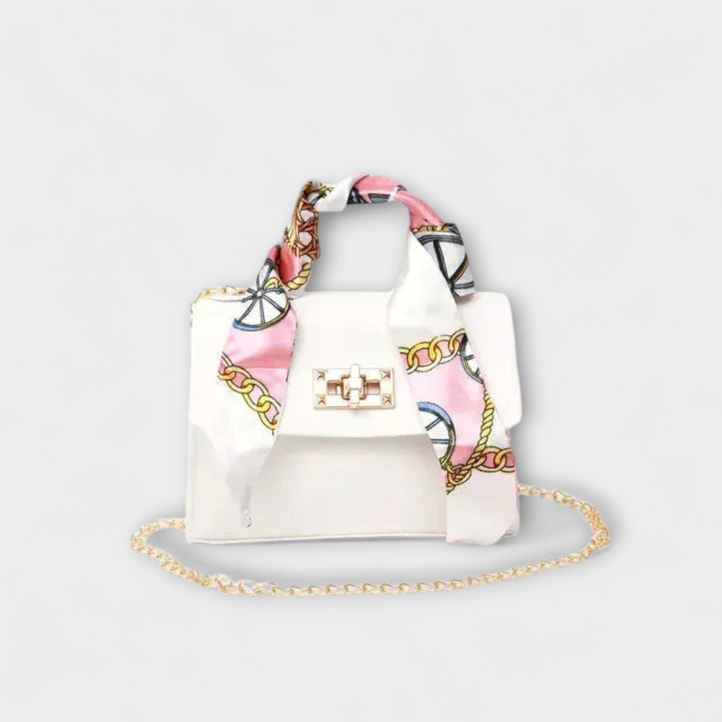Borsa Aurellia - Pelle Marrone, Chiusura Oro, Manico con Sciarpa, Elegante e Versatile