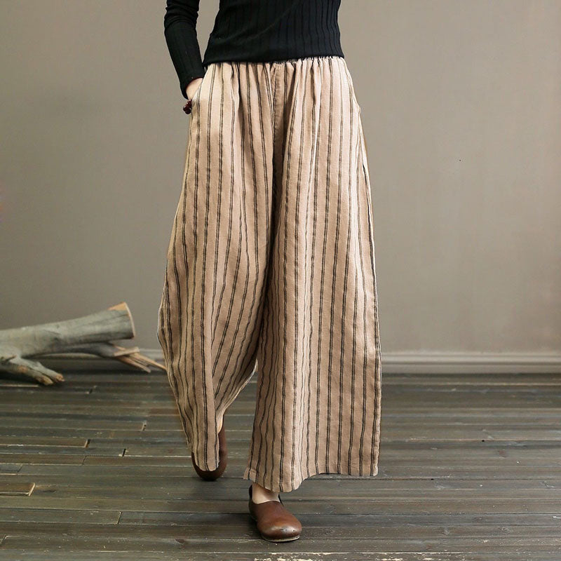 【Cotone e Lino】Pantaloni Larghi a Righe Casual