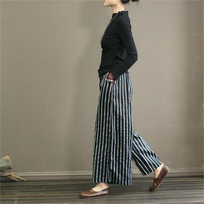 【Cotone e Lino】Pantaloni Larghi a Righe Casual