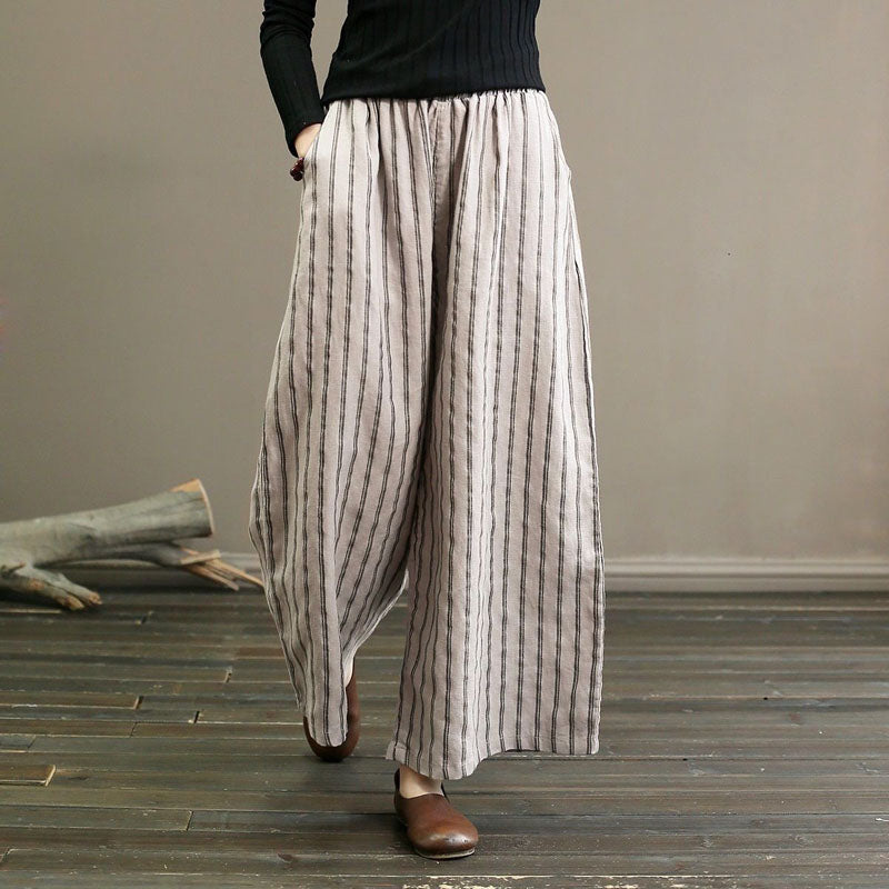 【Cotone e Lino】Pantaloni Larghi a Righe Casual