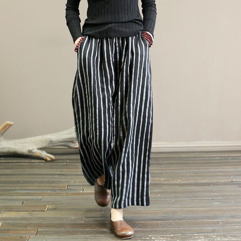 【Cotone e Lino】Pantaloni Larghi a Righe Casual