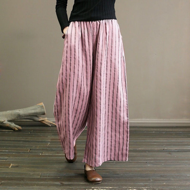 【Cotone e Lino】Pantaloni Larghi a Righe Casual