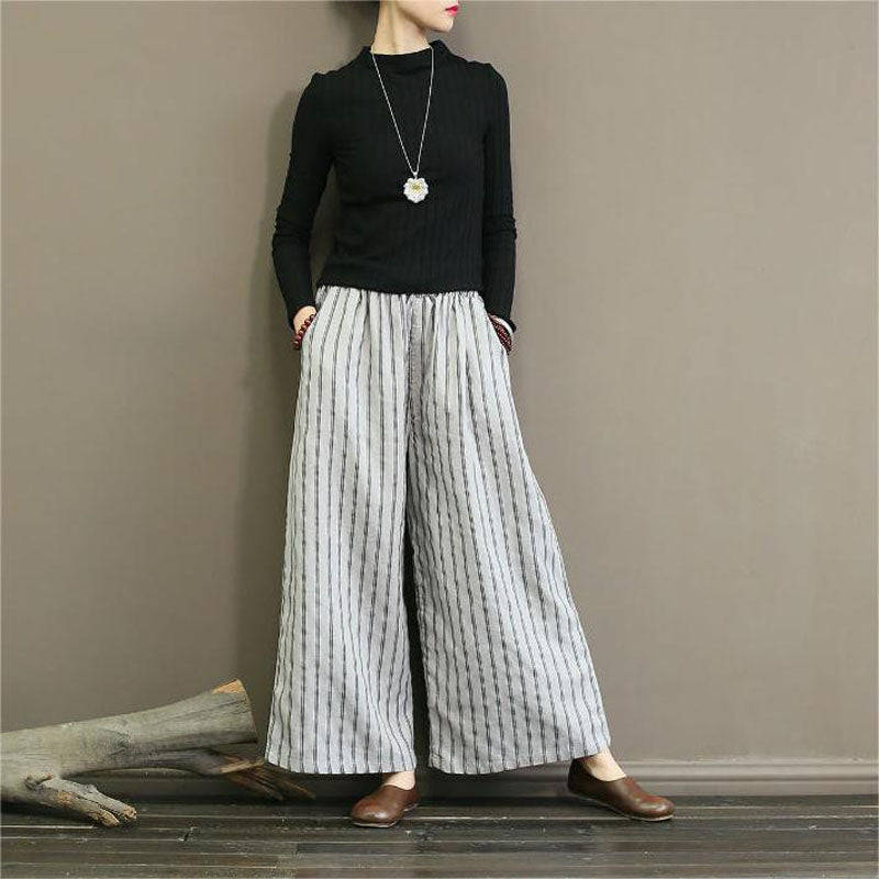 【Cotone e Lino】Pantaloni Larghi a Righe Casual