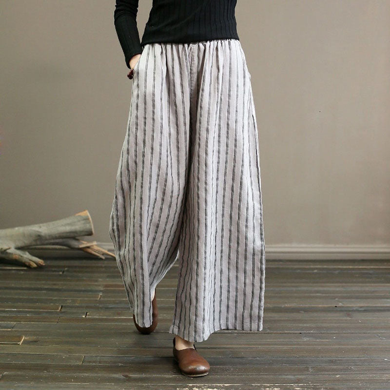 【Cotone e Lino】Pantaloni Larghi a Righe Casual