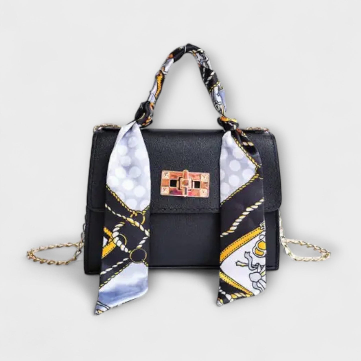 Borsa Aurellia - Pelle Marrone, Chiusura Oro, Manico con Sciarpa, Elegante e Versatile