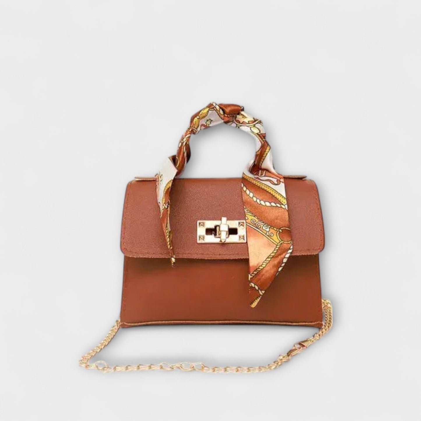 Borsa Aurellia - Pelle Marrone, Chiusura Oro, Manico con Sciarpa, Elegante e Versatile