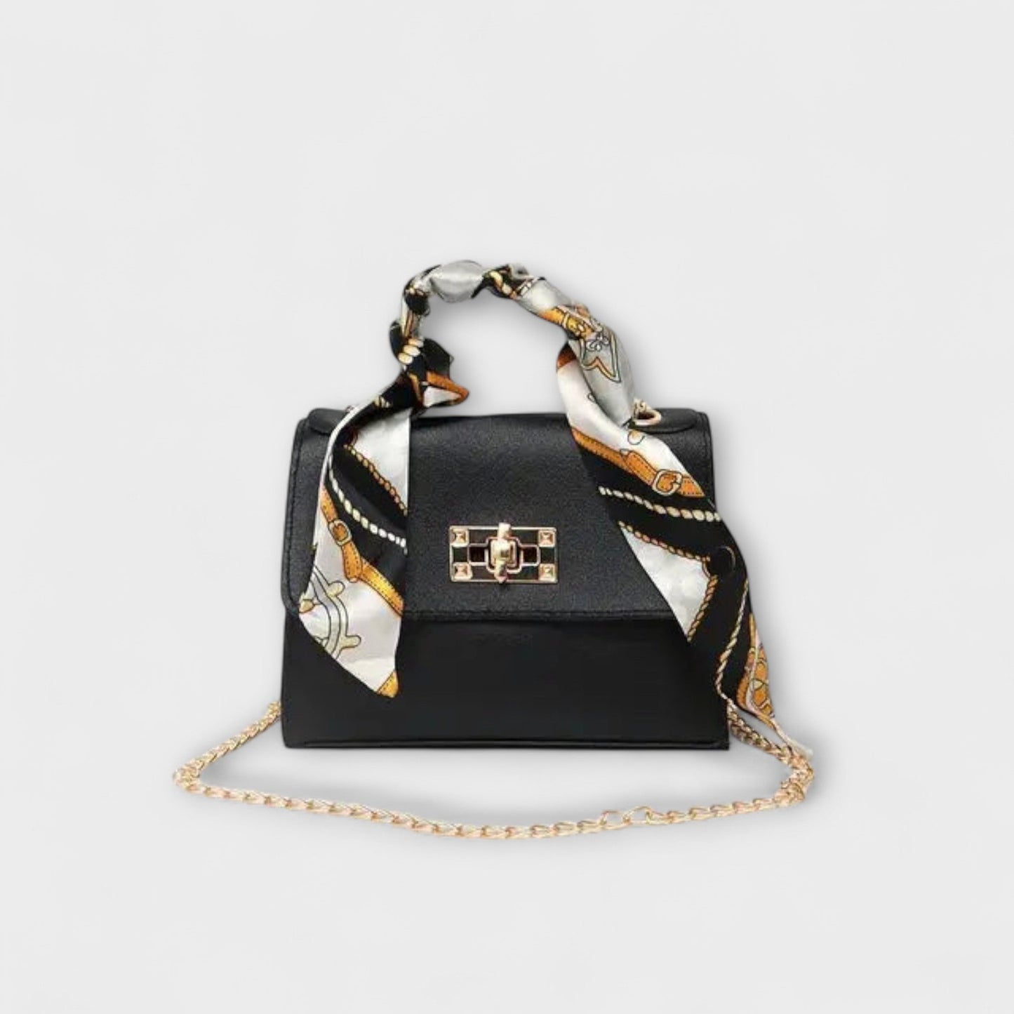 Borsa Aurellia - Pelle Marrone, Chiusura Oro, Manico con Sciarpa, Elegante e Versatile