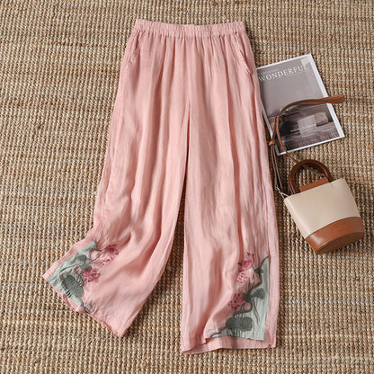 【100% Cotone】 Pantaloni Casual con Fiori Ricamati