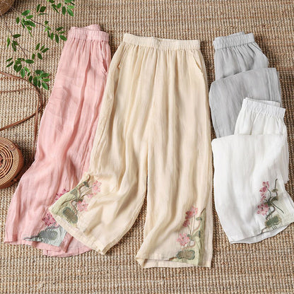 【100% Cotone】 Pantaloni Casual con Fiori Ricamati