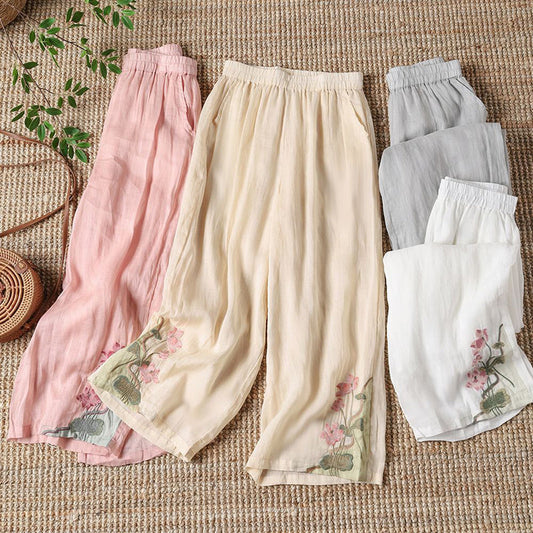 【100% Cotone】 Pantaloni Casual con Fiori Ricamati