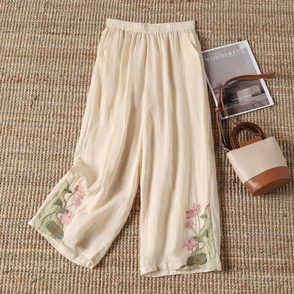【100% Cotone】 Pantaloni Casual con Fiori Ricamati