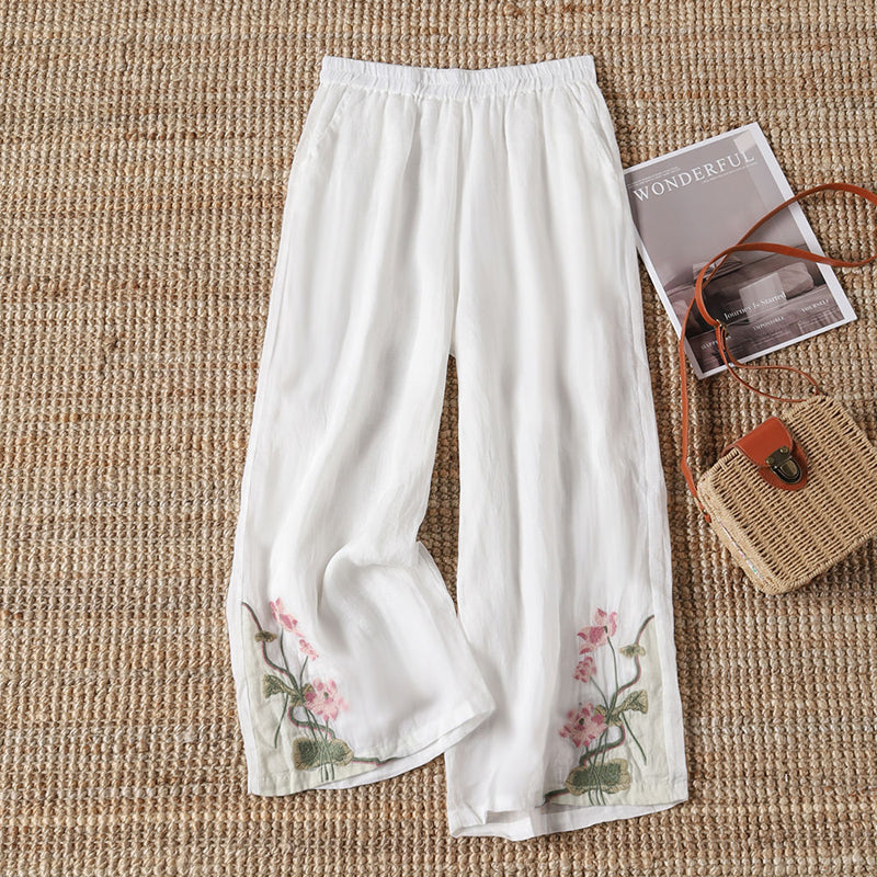 【100% Cotone】 Pantaloni Casual con Fiori Ricamati