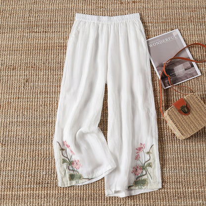 【100% Cotone】 Pantaloni Casual con Fiori Ricamati