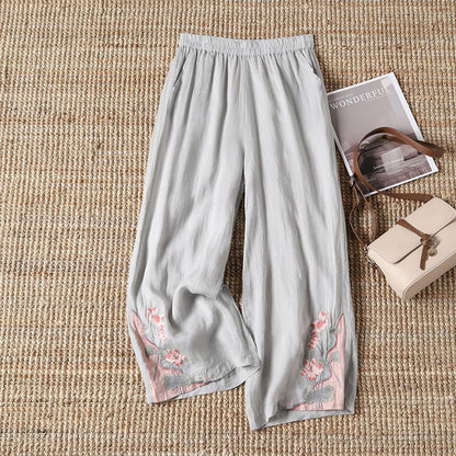 【100% Cotone】 Pantaloni Casual con Fiori Ricamati