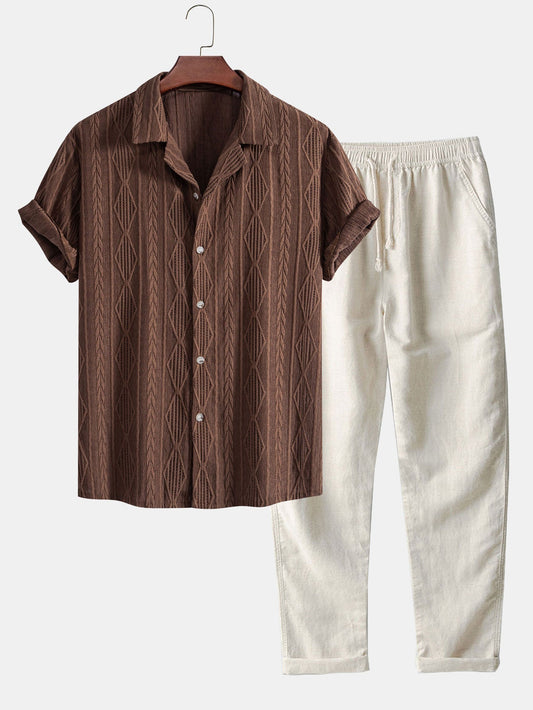 Camicia Jacquard Geometrica Cubana & Pantaloni in Lino a Gamba Dritta