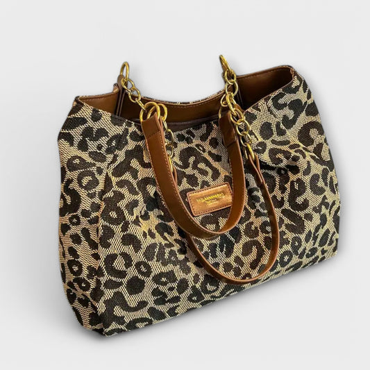 Aurellia - Borsa a Spalla in Tela con Stampa Leopardata e Tasche, Ideale per Scuola e Shopping