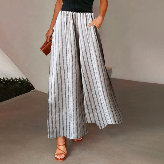 【Cotone e Lino】Pantaloni Larghi a Righe Casual