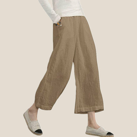 【Cotone e Lino】Pantaloni Casual in Colore Unito con Gamba Larga